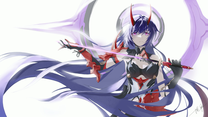 1girl absurdres armor bangs bare_shoulders blunt_bangs breasts cleavage closed_mouth gauntlets highres holding holding_sword holding_weapon honkai_(series) honkai_impact_3rd horns katana long_hair looking_at_viewer ooo_wange raiden_mei raiden_mei_(herrscher_of_thunder) simple_background solo sword weapon white_background