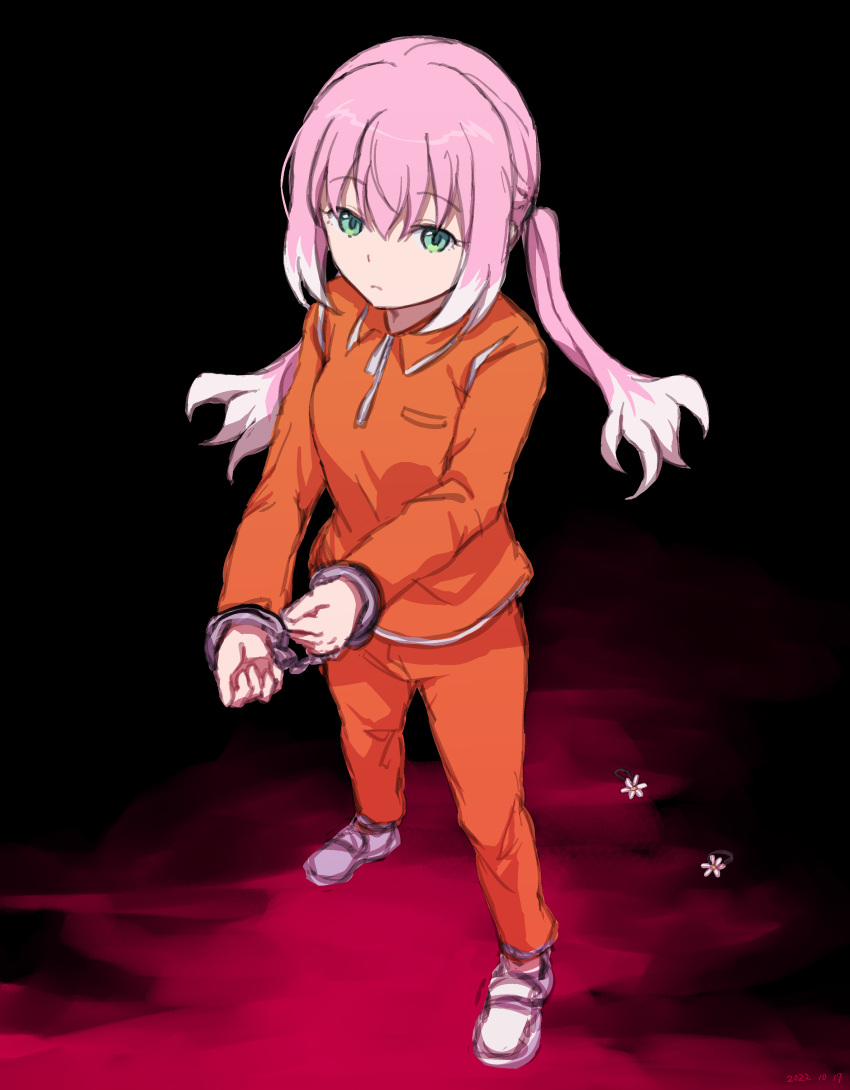 1girl absurdres bangs closed_mouth cuffs expressionless from_above green_eyes handcuffs highres hiiragi_nana looking_at_viewer looking_up medium_hair munou_na_nana orange_pants orange_shirt pants pink_hair prison_clothes shirt solo standing takatisakana twintails