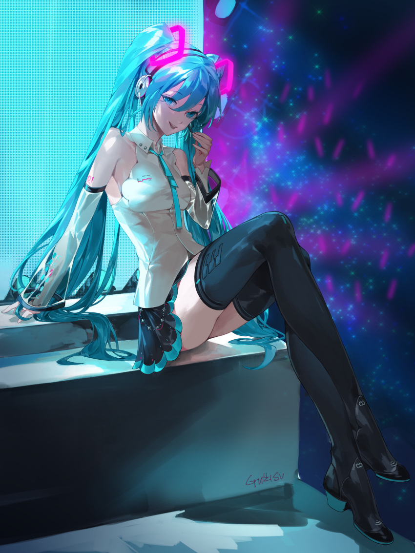 1girl absurdres aqua_eyes aqua_hair arm_support black_footwear black_skirt black_thighhighs blue_neckerchief breasts crossed_ankles detached_sleeves english_commentary frilled_sleeves frills full_body glowstick hand_up hatsune_miku headphones headset high_heels highres kyeongsu_lee leaning_back long_hair loose_neckerchief neckerchief pleated_skirt see-through see-through_sleeves shirt signature sitting skirt sleeveless sleeveless_shirt small_breasts smile solo sparkle thighhighs twintails vocaloid white_shirt wotagei