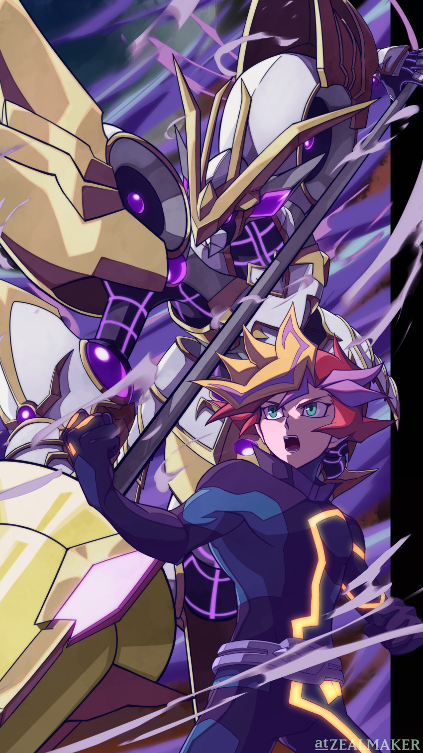 1boy absurdres accesscode_talker armor blonde_hair bodysuit duel_monster fujiki_yuusaku green_eyes highres holding holding_polearm holding_weapon lance multicolored_hair open_mouth playmaker polearm purple_hair red_hair solo_focus streaked_hair twitter_username weapon yu-gi-oh! yu-gi-oh!_vrains zealmaker