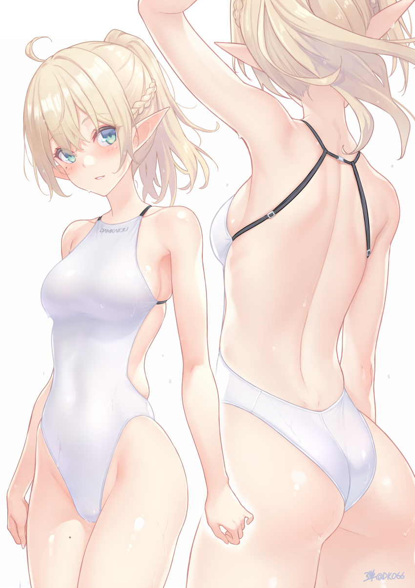 1girl ahoge arm_up artist_name ass backless_swimsuit bangs bare_arms bare_shoulders blonde_hair blush braid breasts collarbone commentary_request competition_swimsuit covered_navel dan_(kumadan) elf fingernails from_behind highleg highleg_swimsuit highres long_hair looking_at_viewer medium_breasts mole mole_on_leg mole_under_eye multiple_views one-piece_swimsuit original parted_lips pointy_ears ponytail revision shiny shiny_hair shiny_skin signature simple_background skin_tight swimsuit thighs water water_drop wet white_background white_one-piece_swimsuit