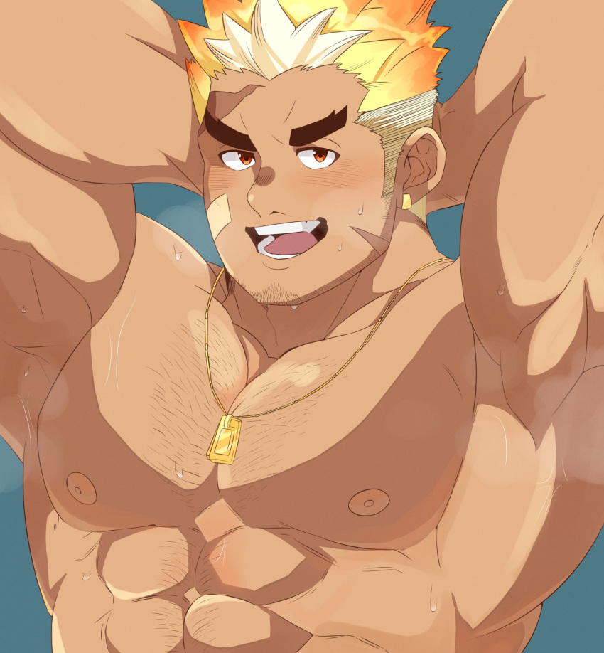 1boy abs aqua_background armpits arms_behind_head arms_up bandaid bandaid_on_cheek bandaid_on_face bara blonde_hair blush chest_hair commentary_request dark-skinned_male dark_skin dog_tags earrings facial_hair gradient_hair highres jewelry large_pectorals looking_at_viewer male_focus multicolored_hair muscular muscular_male naughty_face nipples open_mouth orange_hair pectorals red_eyes scar scar_on_cheek scar_on_face scar_on_forehead shirotoki_(qdng0atngbaqmce) short_hair sideburns single_earring smile smoke solo teeth thick_eyebrows tokyo_afterschool_summoners ulaanbaatar_(housamo) upper_body wet