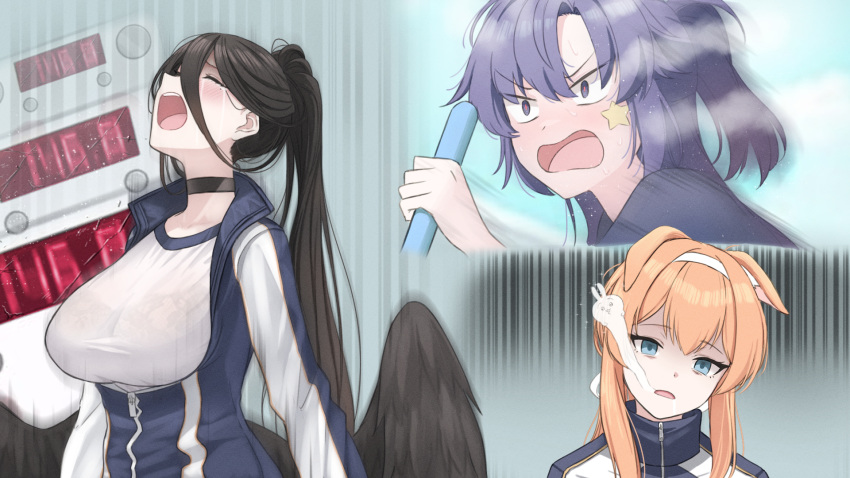 3girls alternate_hairstyle animal_ears black_hair black_wings blue_archive blue_eyes blush breasts closed_eyes crying empty_eyes feathered_wings furrowed_brow giving_up_the_ghost hasumi_(blue_archive) hasumi_(gym_uniform)_(blue_archive) high_collar highres holding jacket jwoo large_breasts long_hair long_sleeves mari_(blue_archive) mari_(gym_uniform)_(blue_archive) multicolored_clothes multicolored_jacket multiple_girls official_alternate_costume open_mouth orange_hair partially_unzipped ponytail purple_eyes purple_hair saliva shirt sidelocks speed_lines star_(symbol) sticker_on_face track_jacket two-tone_jacket upper_body weighing_scale white_shirt wings yuuka_(blue_archive) yuuka_(gym_uniform)_(blue_archive)
