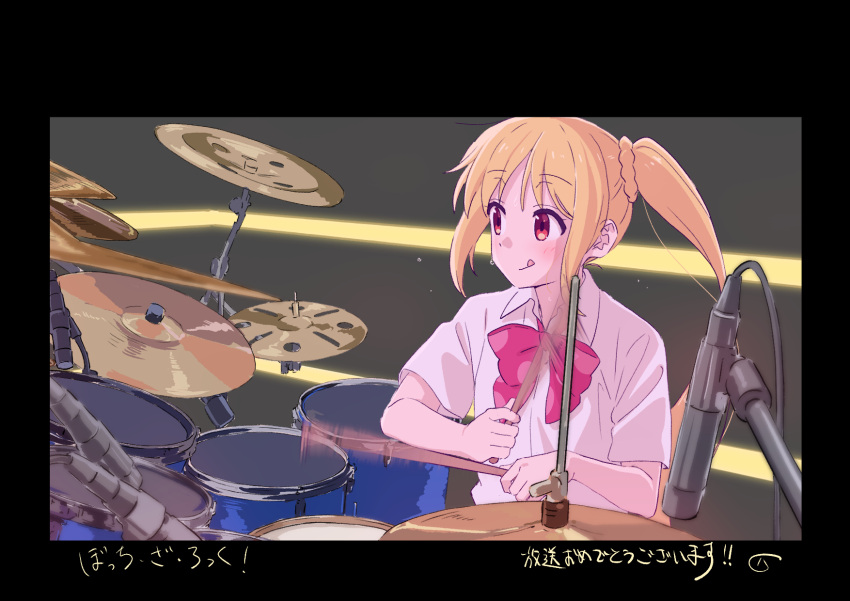 1girl :d :q bangs black_background black_border blonde_hair bocchi_the_rock! border bow bowtie cable closed_mouth collared_shirt congratulations copyright_name cymbals drum drum_set drumsticks floating_hair flying_sweatdrops highres holding holding_drumsticks ijichi_nijika instrument licking_lips long_hair looking_to_the_side microphone motion_blur motion_lines music pink_bow pink_bowtie playing_instrument polka_dot polka_dot_bow red_bow red_eyes school_uniform shirt short_sleeves side_ponytail smile solo sweat tareme tongue tongue_out upper_body white_shirt wing_collar yaegashi_youhei