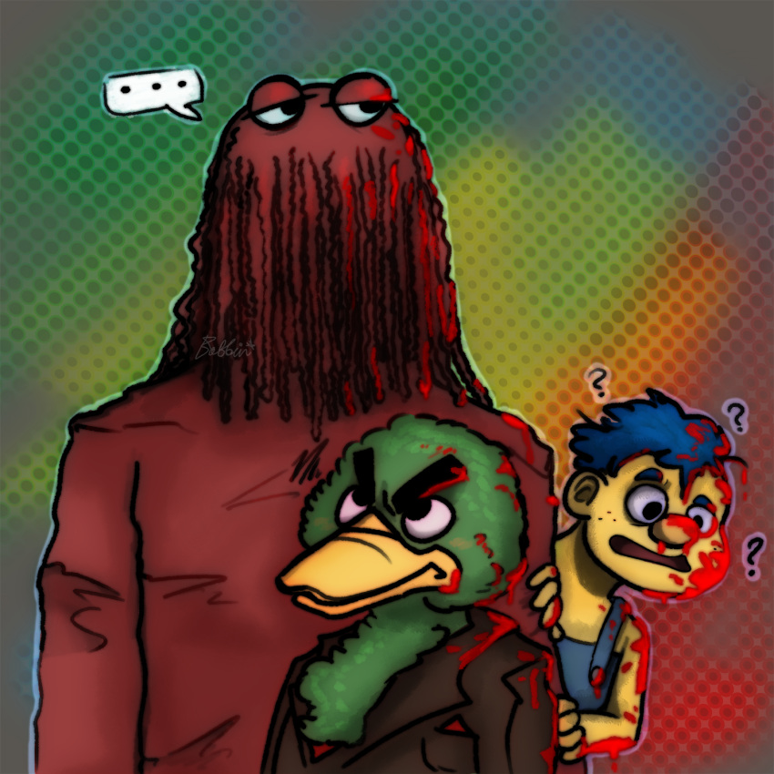 1:1 2022 anatid anseriform anthro avian beak bird blood blood_on_face blue_hair bodily_fluids brown_suit captainbobbin clothing colorful colorful_background don't_hug_me_i'm_scared duck duck_guy_(dhmis) ellipsis feathers fur green_body green_feathers group hair halftone halftone_background halftone_dots hi_res humanoid male orange_body orange_fur pattern_background puppet question_mark red_body red_guy_(dhmis) simple_background speech_bubble suit trio yellow_beak yellow_body yellow_guy_(dhmis)