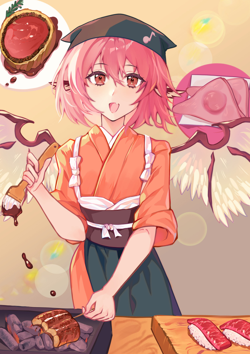 1girl absurdres animal_ears bird_ears bird_wings black_headwear brown_eyes brown_kimono echoyan20038 fang food hair_between_eyes head_scarf highres japanese_clothes kimono mystia_lorelei okamisty open_mouth pink_hair short_hair short_sleeves smile solo sushi touhou touhou_mystia's_izakaya white_wings wings