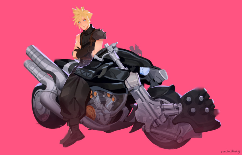 1boy aqua_eyes armor baggy_pants belt blonde_hair boots brown_footwear crossed_arms final_fantasy final_fantasy_vii final_fantasy_vii_remake full_body gloves ground_vehicle highres looking_at_viewer male_focus motor_vehicle motorcycle multiple_belts on_motorcycle pants pink_background rachel_huey short_hair shoulder_armor single_bare_shoulder sleeveless sleeveless_turtleneck solo spiked_hair suspenders turtleneck