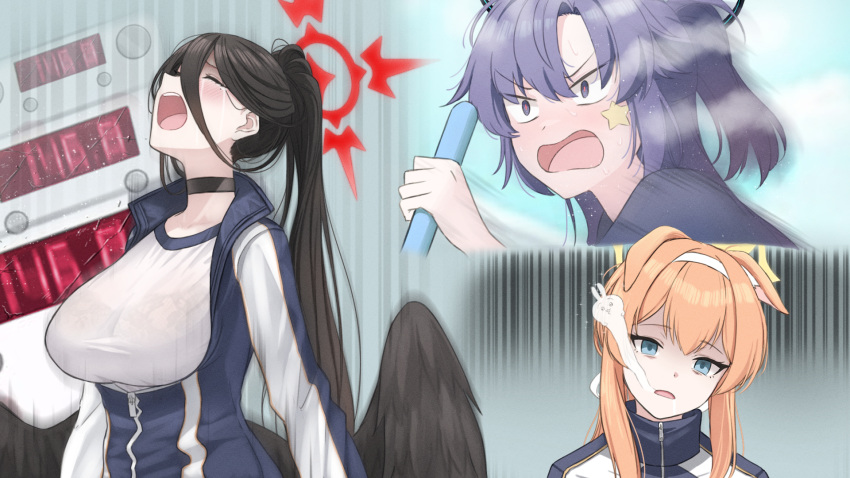 3girls alternate_hairstyle animal_ears black_hair black_wings blue_archive blue_eyes blush breasts closed_eyes crying empty_eyes feathered_wings furrowed_brow giving_up_the_ghost halo hasumi_(blue_archive) hasumi_(gym_uniform)_(blue_archive) high_collar highres holding jacket jwoo large_breasts long_hair long_sleeves mari_(blue_archive) mari_(gym_uniform)_(blue_archive) multicolored_clothes multicolored_jacket multiple_girls official_alternate_costume open_mouth orange_hair partially_unzipped ponytail purple_eyes purple_hair saliva shirt sidelocks speed_lines star_(symbol) sticker_on_face track_jacket two-tone_jacket upper_body weighing_scale white_shirt wings yuuka_(blue_archive) yuuka_(gym_uniform)_(blue_archive)