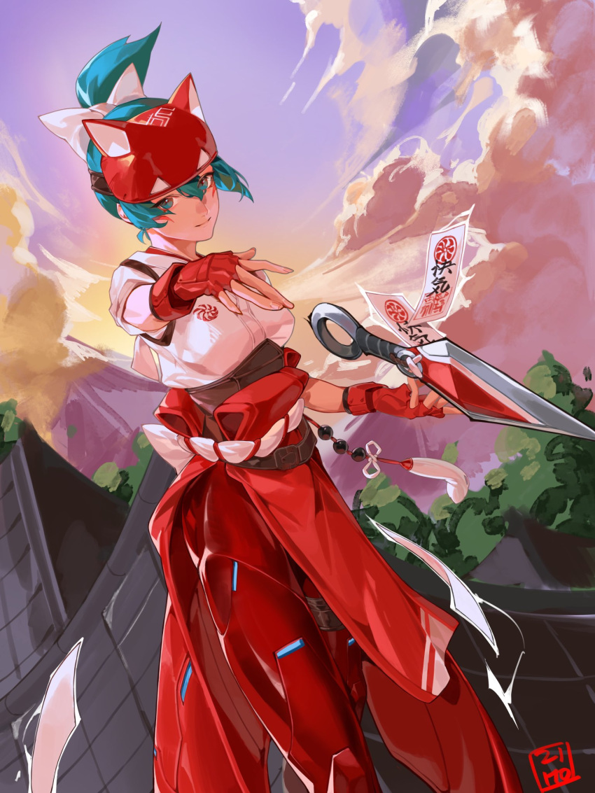 1girl architecture blue_sky bow cloud cowboy_shot east_asian_architecture facial_mark fingerless_gloves fox_mask gloves green_eyes green_hair hair_bow hakama half_mask highres japanese_clothes kimono kiriko_(overwatch) kunai kyeongsu_lee mask ninja ofuda outdoors outstretched_hand overwatch overwatch_2 red_gloves rooftop rope_belt signature sky smile solo standing_on_roof throwing tree weapon white_kimono