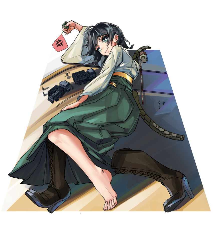 absurdres barefoot black_footwear black_hair blue_eyes boots destruction feet giant giantess green_hakama ground_vehicle hakama highres japanese_clothes kantai_collection kimono liangzi_tai_youling lying matsukaze_(kancolle) military military_vehicle motor_vehicle obi on_side robe sash shoes short_hair single_shoe size_difference smile soldier soles toes truck yellow_robe