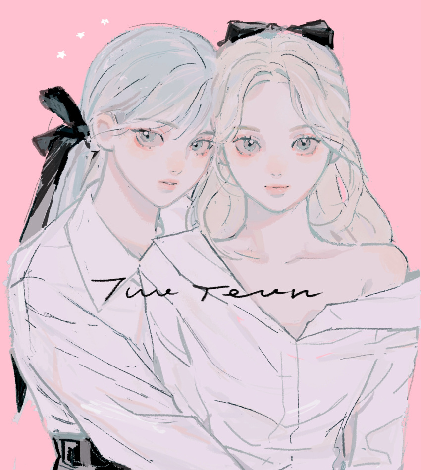 2girls animification black_bow black_pants blonde_hair blue_eyes blue_hair bow collarbone hair_bow head_tilt highres hug jungyeon_(twice) k-pop long_hair looking_at_viewer multiple_girls nayeon_(twice) off_shoulder pants pink_background qiao_nan_1028_hao real_life shirt straight-on twice_(group) upper_body white_shirt
