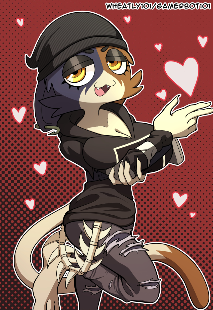 &lt;3 2022 5_fingers absurd_res anthro artist_name barryfactory black_beanie black_clothing black_hoodie black_topwear bottomwear calico_cat clothing domestic_cat dotted_background ear_piercing epic_games felid feline felis female fingers fortnite hi_res hoodie looking_at_viewer mammal meow_skulls_(fortnite) mottled open_mouth pants pattern_background piebald piercing raised_leg red_background simple_background solo topwear torn_clothing video_games