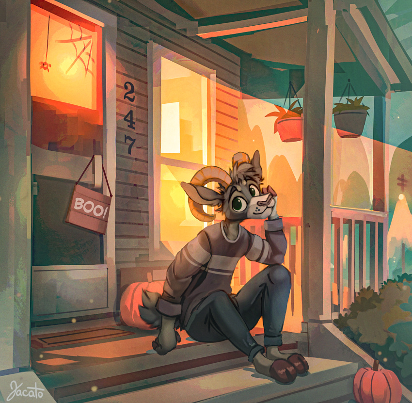 anthro auburn_(auburnthegoat) autumn big_eyes bovid building caprine clothing food fruit fur goat grey_body grey_fur halloween happy hi_res holidays horn house jacato male mammal outside plant porch pumpkin solo sweater topwear warm_colors