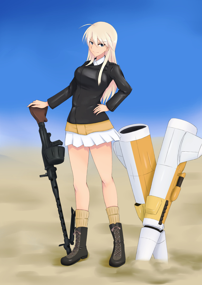 1girl absurdres ahoge black_jacket blonde_hair blue_eyes blue_sky boots breasts brown_footwear cross-laced_footwear desert drum_magazine gun hand_on_hip hanna-justina_marseille highres isosceles_triangle_(xyzxyzxyz) jacket lace-up_boots long_hair looking_at_viewer machine_gun magazine_(weapon) medium_breasts mg34 military military_uniform planted pleated_skirt sand skirt sky smile smirk socks solo strike_witches striker_unit tan_shirt uniform weapon white_skirt world_witches_series yellow_socks