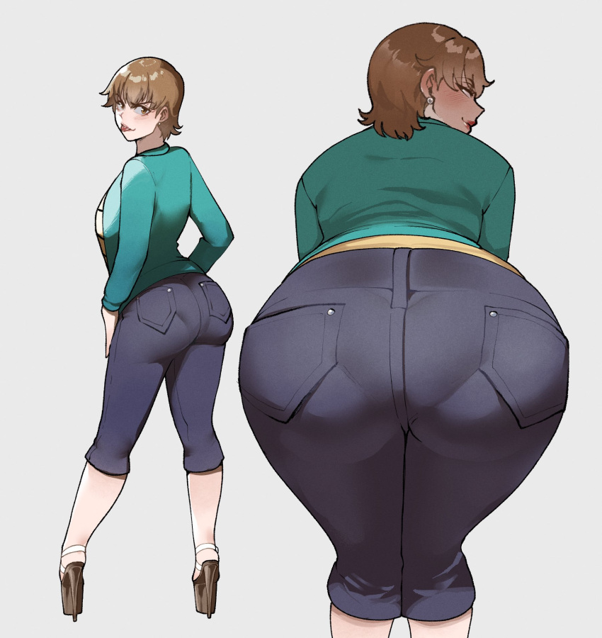 1girl alternate_footwear ass ass_focus bent_over black_footwear black_pants blush brown_eyes brown_hair capri_pants cardigan earrings english_commentary fate/stay_night fate_(series) from_behind fujimura_taiga full_body green_cardigan high_heels highres huge_ass jewelry legs_together lips lipstick looking_at_viewer looking_back makeup nyantcha pants pantylines platform_footwear platform_heels short_hair smirk solo standing stiletto_heels sweater tongue tongue_out yellow_sweater