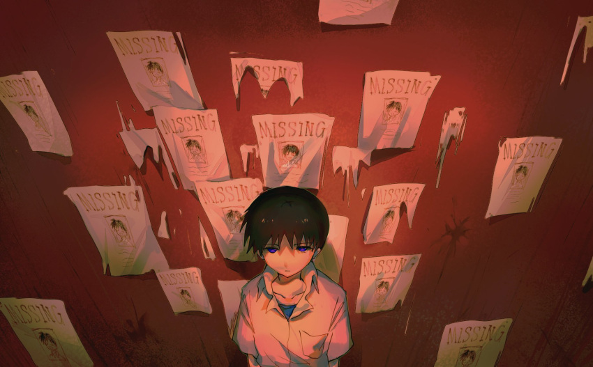 1boy against_wall bangs black_hair chun_baii collarbone expressionless from_above highres ikari_shinji looking_at_viewer looking_up male_focus missing_poster neon_genesis_evangelion pocket poster_(object) purple_eyes shirt short_hair short_sleeves solo standing torn upper_body white_shirt