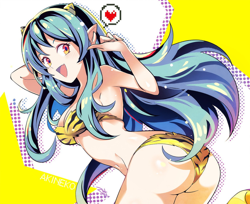 1girl :d aa2233a animal_print aqua_nails ass bad_anatomy bikini blush breasts hand_up heart highres horns leaning_forward long_hair looking_at_viewer lum medium_breasts navel oni orange_eyes pointy_ears smile solo spoken_heart swimsuit tiger_print twisted_torso urusei_yatsura very_long_hair