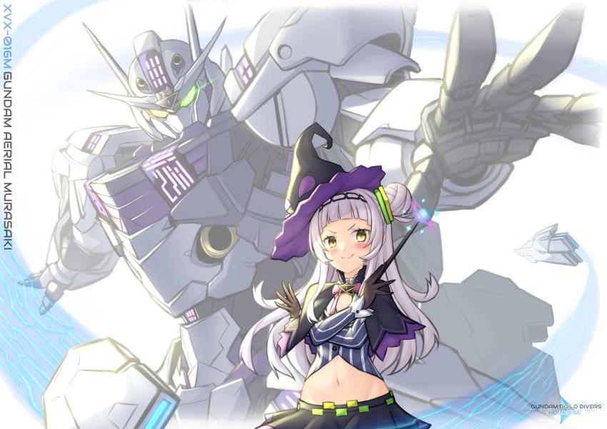 1girl bangs blunt_bangs capelet crossover foreshortening funnels_(gundam) glowing glowing_eyes grey_hair gundam gundam_aerial gundam_build_divers gundam_build_divers_re:rise gundam_suisei_no_majo hair_bun hat heterochromia highres hololive long_hair long_sleeves mecha midriff murasaki_shion navel pinguinkotak robot shirt short_bangs skirt solo striped striped_shirt vertical-striped_shirt vertical_stripes wand witch_hat yellow_eyes