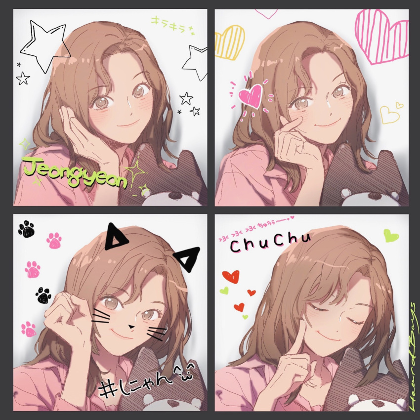 1girl animification black_border blush border brown_eyes brown_hair closed_eyes drawn_ears drawn_whiskers finger_heart grey_background head_tilt heart highres holding holding_stuffed_toy jungyeon_(twice) k-pop medium_hair multiple_views paw_pose paw_print pink_shirt portrait real_life shirt smile star_(symbol) stuffed_animal stuffed_dog stuffed_toy ting_shuo_nanhai twice_(group)