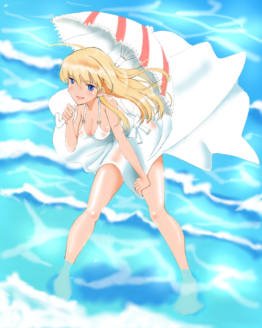1girl ahoge alternate_costume blonde_hair blue_eyes blush breasts cleavage commentary dress dutch_angle hand_on_own_thigh hanna-justina_marseille highres leaning_forward long_hair looking_at_viewer ocean parasol smile snatcha solo strike_witches sundress umbrella wading water waves white_dress world_witches_series