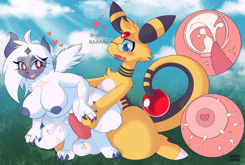absurd_res ampharos anthro big_breasts blue_eyes blush borky-draws breasts day duo female generation_2_pokemon hi_res impregnation male male/female mega_absol mega_evolution nintendo nipples nude open_mouth outside penetration penile penile_penetration penis_in_pussy pokemon pokemon_(species) pokemorph red_eyes thick_thighs vaginal vaginal_penetration video_games white_body wings yellow_body