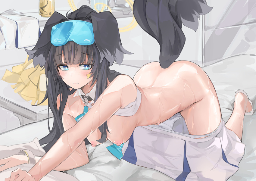 1girl all_fours animal_ears ass bare_shoulders black_hair blue_archive blue_eyes blush breasts breasts_out cheerleader crop_top dema_hmw dog_ears dog_girl dog_tail eyewear_on_head goggles goggles_on_head halo hanging_breasts hibiki_(blue_archive) hibiki_(cheerleader)_(blue_archive) long_hair looking_at_viewer nipples official_alternate_costume pom_pom_(cheerleading) skirt solo tail undressing white_skirt