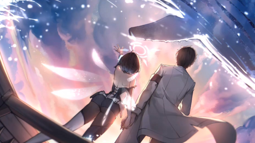 1boy 1girl amane_inori armband ass backless_leotard backless_outfit black_hair blue_sky coat couple detached_wings evoker_(soul_tide) flying_whale game_cg halo holding_hands light_particles long_coat looking_up official_art outstretched_arm outstretched_hand sky soul_tide standing sunset thighhighs whale white_coat wings