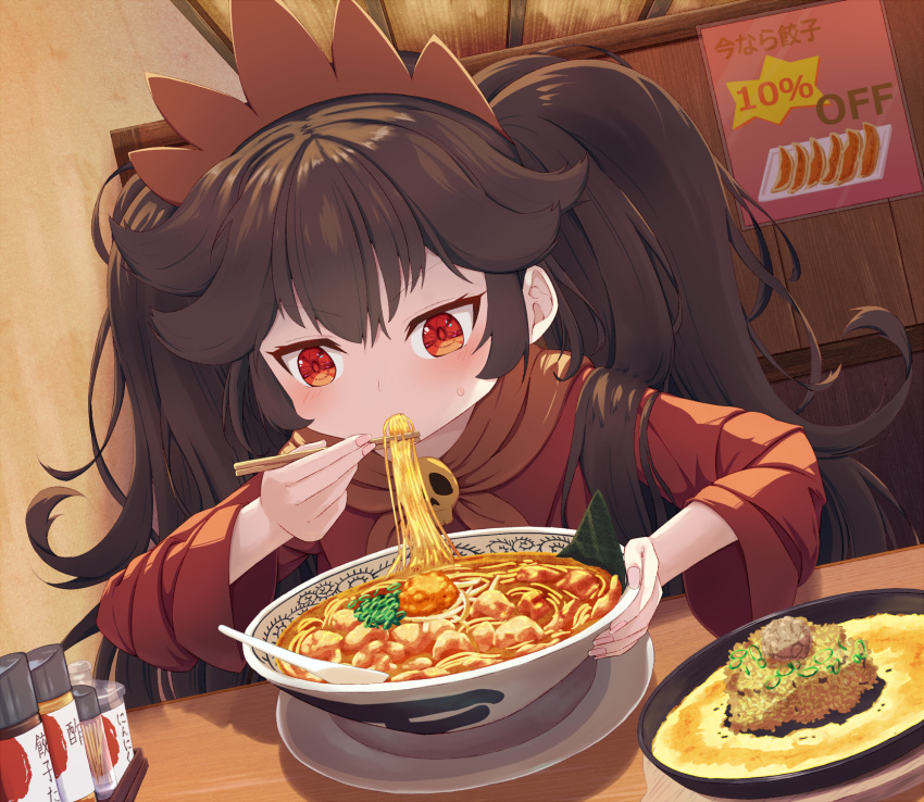 1girl ashley_(warioware) bangs black_hair bowl chopsticks eating food food_focus food_request highres holding holding_chopsticks indoors long_hair long_sleeves matchamassa noodles plate ramen red_eyes solo twintails warioware wide_sleeves