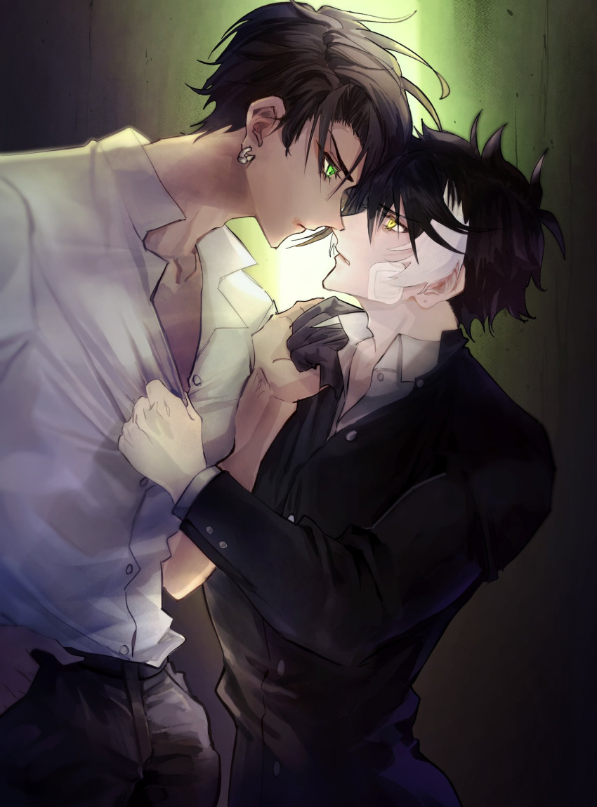 2boys alley alternate_costume aragami_oga bandaid bandaid_on_face black_hair black_pants blood blood_from_mouth clenched_teeth closed_mouth collar_grab collared_shirt cowboy_shot dark-skinned_male dark_skin earrings eye_contact gakuran green_eyes hair_between_eyes highres holostars humanization jewelry kageyama_shien looking_at_another mafia_(holostars) male_focus multicolored_hair multiple_boys open_collar pants sakurachi school_uniform shirt short_hair single_earring teeth two-tone_hair upper_body virtual_youtuber white_hair white_shirt yellow_eyes