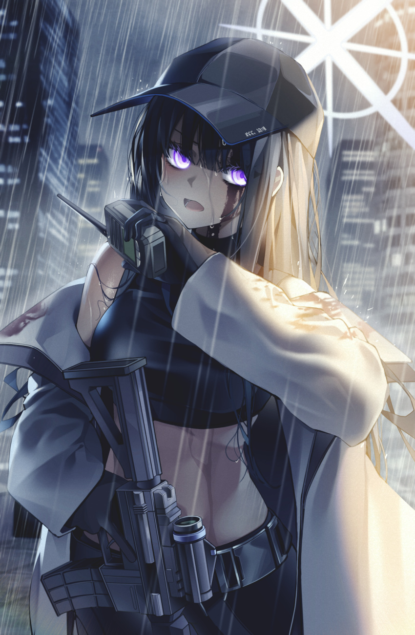 1girl alternate_eye_color armband assault_rifle bangs bare_shoulders baseball_cap belt black_belt black_gloves black_hair black_headwear black_pants black_shirt blood blood_on_clothes blood_on_face blue_archive breasts building chest_harness cloud cloudy_sky coat commentary cowboy_shot crop_top foregrip gloves gun halo harness hat highres holding holding_gun holding_walkie-talkie holding_weapon large_breasts long_hair long_sleeves looking_at_viewer medium_breasts midriff no_mask off_shoulder open_mouth outdoors pants purple_eyes rain revision rifle saori_(blue_archive) scope shirt sig_516 sig_sauer sky skyscraper sleeveless sleeveless_shirt snap-fit_buckle solo standing walkie-talkie weapon wet wet_clothes wet_shirt white_coat yuyua_(yua_0068)
