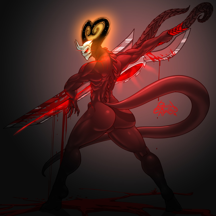 absurd_res big_butt big_sword black_body black_skin blood bodily_fluids bone butt claws demon digital_drawing_(artwork) digital_media_(artwork) glowing glowing_eyes gradient_background hi_res horn huge_sword humanoid leaking light long_horn long_tail looking_at_viewer male melee_weapon muscular muscular_male rashchaos red_eyes shadow signature simple_background skull skull_head solo standing sword thick_thighs weapon wide_hips