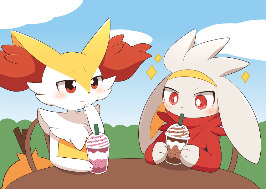 1girl 1other animal_ear_fluff animal_ears animal_hands animal_nose blue_sky blush body_fur braixen bright_pupils bush chair closed_mouth cloud commentary_request cup day disposable_cup drink drinking drinking_straw flat_chest fox_ears fox_girl fox_tail frappuccino fur_collar furry furry_female grey_fur hand_to_own_mouth hand_up happy highres holding holding_cup holding_drink looking_at_another looking_down on_chair open_mouth outdoors partial_commentary pokemon pokemon_(creature) rabbit_ears raboot red_eyes red_fur sitting sketch sky smile stick subaru331 table tail two-tone_fur upper_body white_fur white_pupils wide-eyed yellow_fur