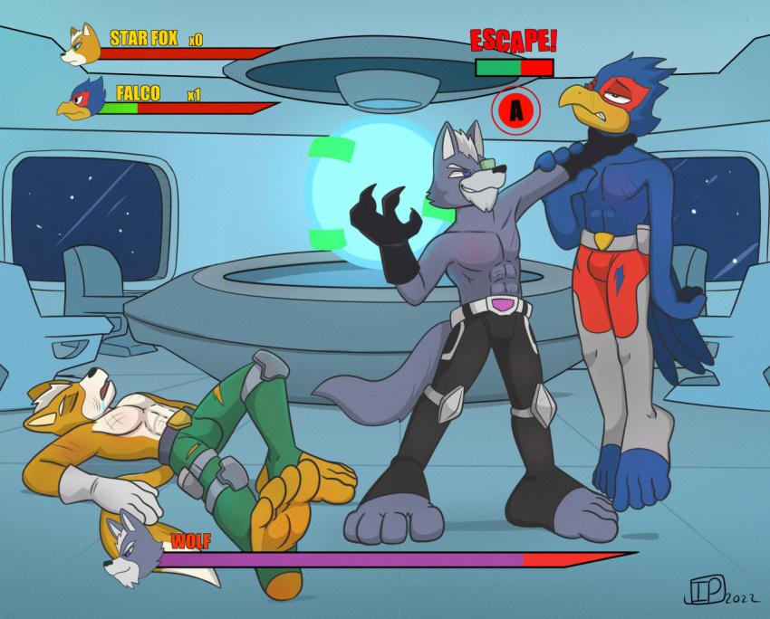 2022 4_toes anthro asphyxiation avian bird bodily_fluids bottomwear bruised bulge canid canine canis choking clothed clothing digital_media_(artwork) drooling falco_lombardi feet fight fox fox_mccloud gameplay_mechanics gloves grin group half-lidded_eyes handwear introvertedpooch lifted_by_neck looking_at_another male mammal nintendo pants saliva smile star_fox strangling toes topless torn_bottomwear torn_clothing torn_pants trio unconscious video_games wolf wolf_o'donnell
