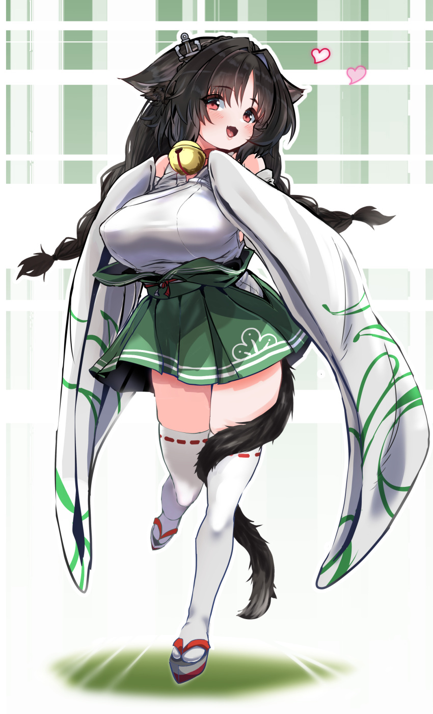 1girl absurdres animal_ears azur_lane bell black_hair blush braid breasts cat_ears cat_girl cat_tail commentary_request detached_sleeves full_body green_hakama hakama hakama_skirt heart hey_taisyou highres japanese_clothes jingle_bell large_breasts long_hair looking_at_viewer neck_bell ooshio_(azur_lane) open_mouth red_eyes ribbon-trimmed_legwear ribbon_trim simple_background skirt solo tail tail_around_leg thighhighs twin_braids wide_sleeves