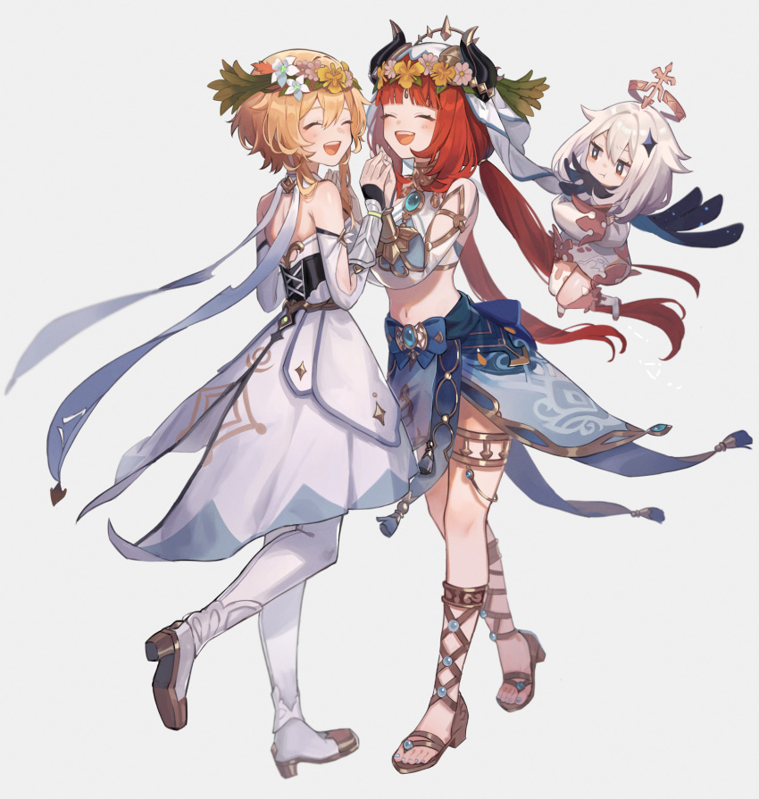 3girls ^_^ ^o^ bangs bare_shoulders blonde_hair blue_skirt blush brooch circlet closed_eyes closed_mouth clothing_cutout crop_top dress flower full_body genshin_impact gladiator_sandals gold_footwear gold_trim hair_flower hair_ornament happy head_wreath high_heels highres horns jewelry kino_(m6t2a) legs long_hair long_sleeves looking_at_another lumine_(genshin_impact) midriff multiple_girls navel neck_ring nilou_(genshin_impact) open_mouth paimon_(genshin_impact) parted_bangs puffy_long_sleeves puffy_sleeves red_hair sandals scarf short_hair_with_long_locks sidelocks simple_background skirt standing standing_on_one_leg stomach thighlet toes veil white_background white_dress white_hair wreath