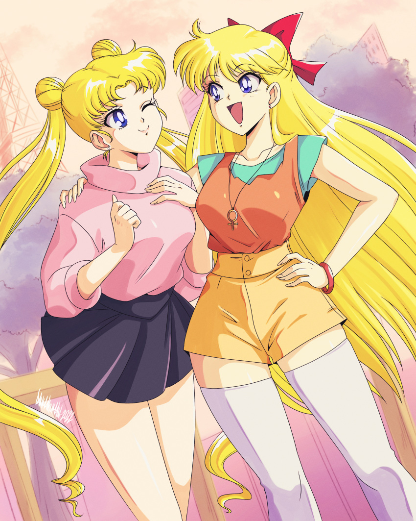 2girls absurdres aino_minako arm_around_neck bishoujo_senshi_sailor_moon bow bracelet breasts danmakuman double_bun earrings hair_bow hair_bun hand_on_hip high-waist_shorts highres jewelry long_hair medium_breasts miniskirt multiple_girls necklace one_eye_closed open_mouth pendant short_shorts shorts skirt smile stud_earrings sweater thighhighs tree tsukino_usagi turtleneck turtleneck_sweater twintails venus_symbol very_long_hair