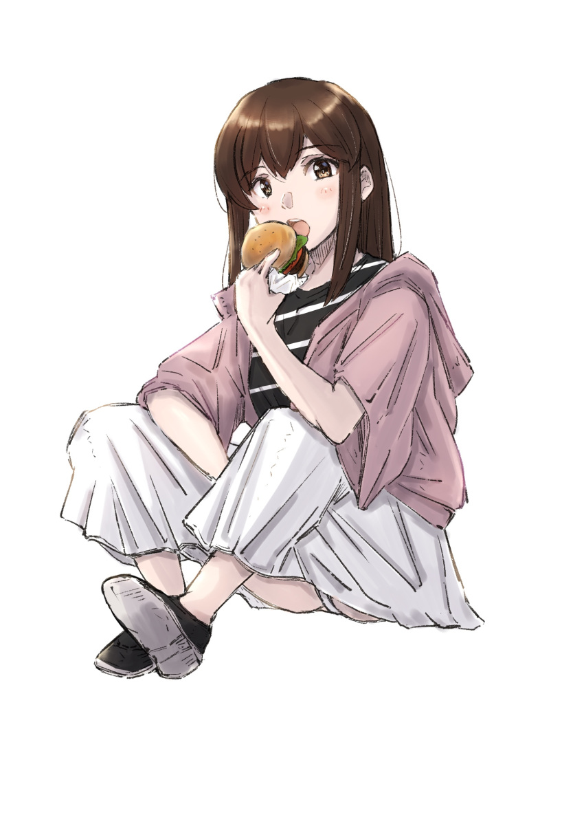 1girl akagi_(kancolle) black_shirt brown_eyes brown_hair brown_jacket burger eating food highres hood hooded_jacket hoodie jacket kantai_collection ld_(luna_dial398) long_hair looking_at_viewer official_alternate_costume one-hour_drawing_challenge open_mouth panties pantyshot pleated_skirt shirt sitting skirt solo straight_hair striped striped_shirt underwear white_panties white_skirt