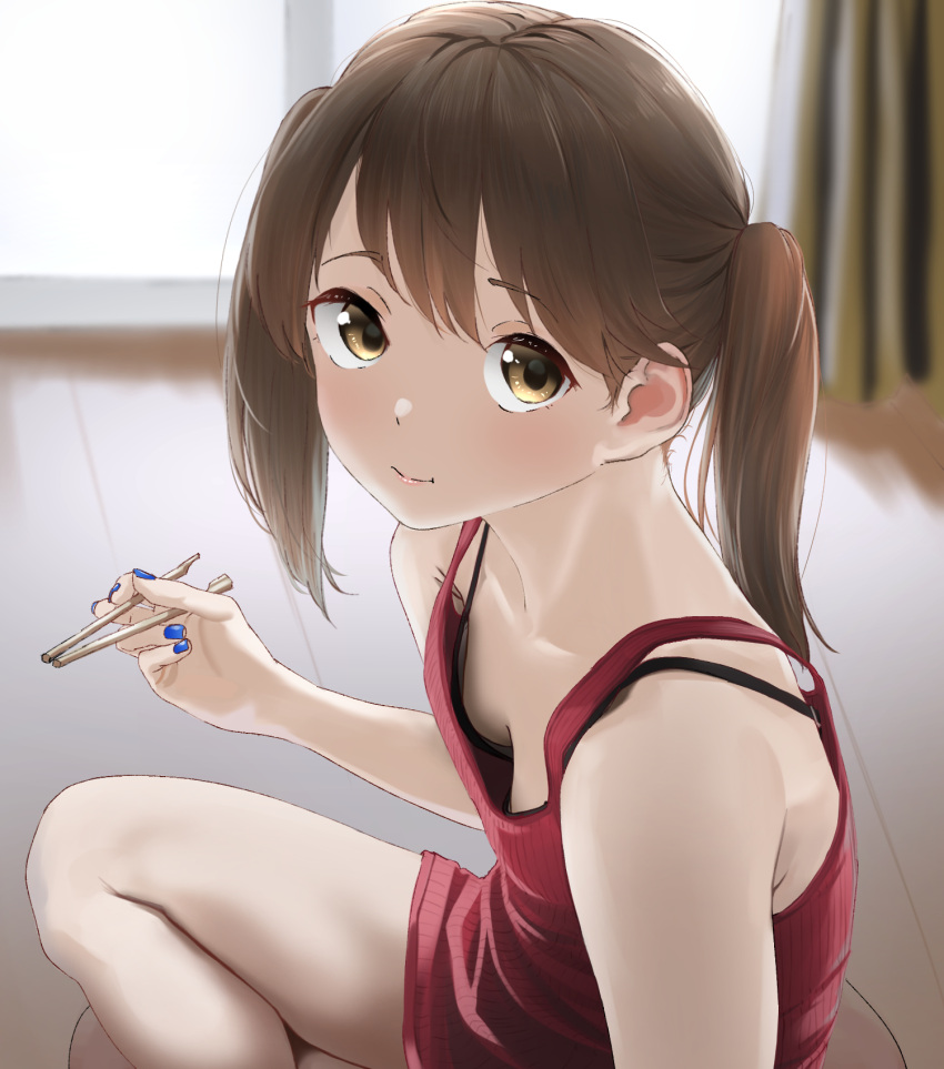 1girl bare_shoulders blue_nails blush breasts brown_hair closed_mouth downblouse highres holding indoors kantai_collection long_hair looking_at_viewer nail_polish nipple_slip nipples off-shoulder_shirt off_shoulder on_floor red_shirt ryuujou_(kancolle) shirt sitting sleeveless small_breasts smile tama_(tamago) twintails