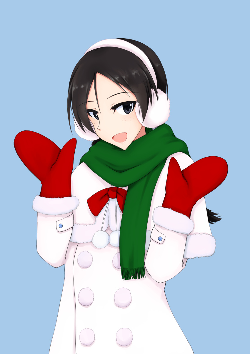 1girl absurdres alternate_costume black_eyes black_hair blue_background bow brave_witches capelet cowboy_shot earmuffs freckles green_scarf highres isosceles_triangle_(xyzxyzxyz) long_hair looking_at_viewer misumi_miya mittens red_bow red_mittens scarf sidelocks smile solo strike_witches white_capelet winter_clothes world_witches_series