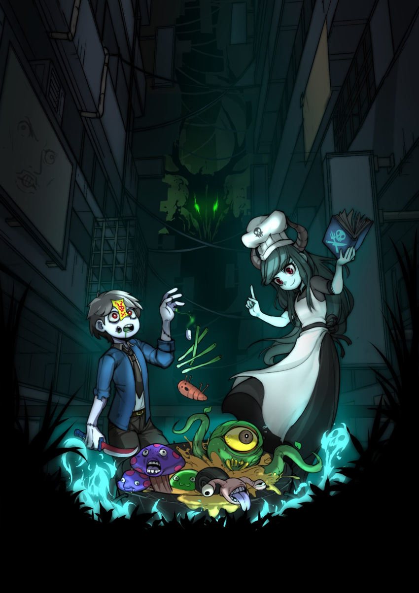 1boy 1girl apron black_dress black_hair blue_hair blue_vest book chef_hat collared_shirt cooking dress dungeon_munchies ghost grill_(dungeon_munchies) hat highres holding holding_book holding_knife horns knife long_hair monster mushroom necktie official_art ofuda ofuda_on_head open_mouth pale_skin pants red_eyes scofa shirt short_hair simmer_(dungeon_munchies) vest white_apron zombie zombie_(dungeon_munchies)