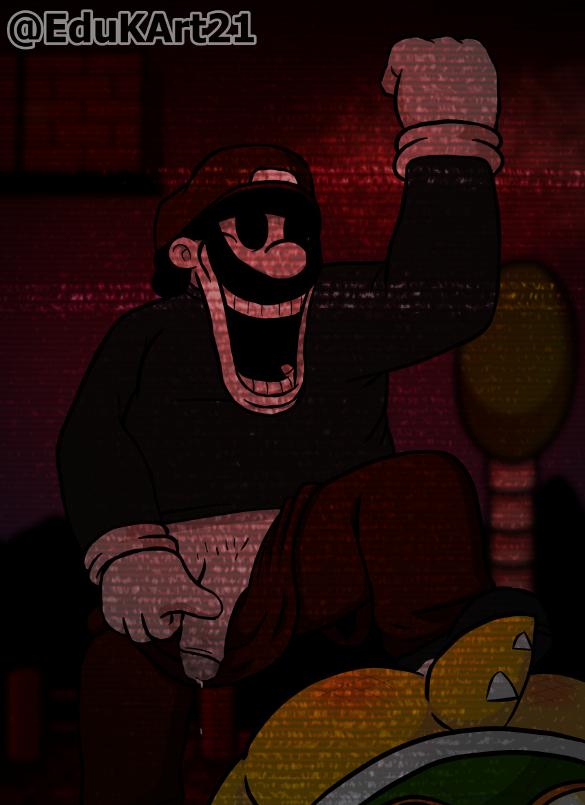 4_toes absurd_res anthro bared_teeth black_eyes black_hair bodily_fluids bottomwear bottomwear_down bowser butt clothed clothing creepy creepypasta cum cum_in_ass cum_inside cum_on_penis duo edukart21 facial_hair feet feral friday_night_funkin' genital_fluids genitals gloves hair hand_on_penis handwear hat headgear headwear hi_res human koopa male male/male mammal mario mario_bros mustache nightmare_fuel nintendo nose open_mouth pants pants_down partially_clothed penis scales scalie shell smile spiked_shell spiked_tail spikes spikes_(anatomy) stage toes video_games white_body yellow_body yellow_scales