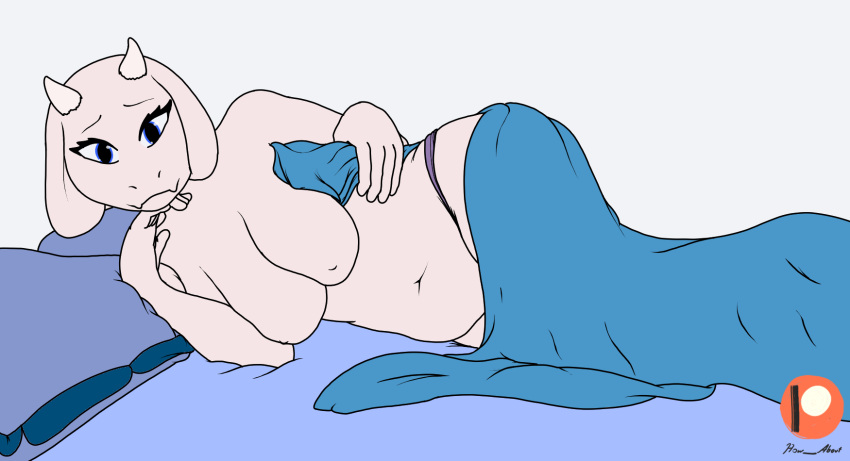 anthro bed bedding belly blanket blue_eyes breasts clothed clothing female fur furniture hi_res how-about inviting kinktober looking_at_viewer mature_female navel nipples on_bed panties purple_clothing purple_panties purple_underwear smile solo topless toriel under_covers undertale_(series) underwear white_body white_fur