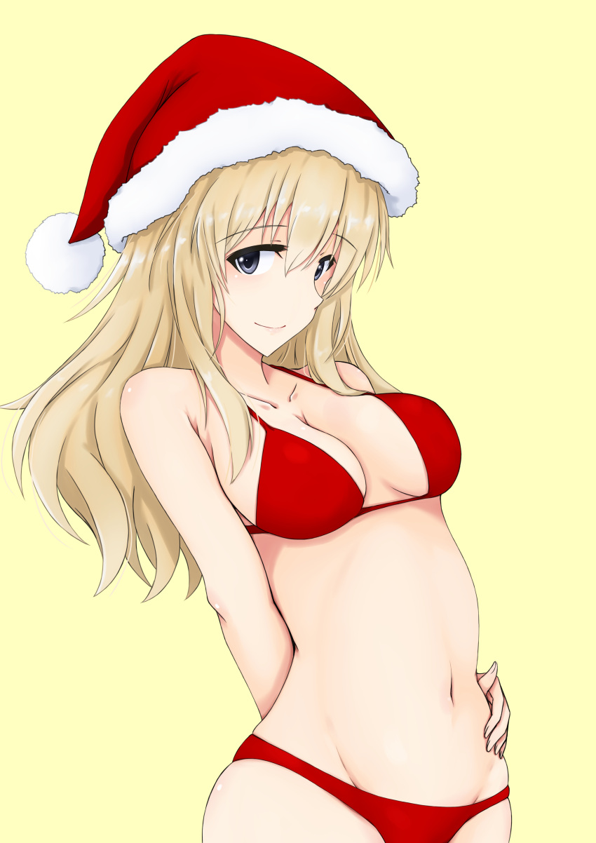 1girl absurdres arm_behind_back bikini blonde_hair blue_eyes brave_witches breasts collarbone cowboy_shot groin hair_between_eyes hand_on_hip hat highres isosceles_triangle_(xyzxyzxyz) long_hair looking_at_viewer medium_breasts navel nora_taylor red_bikini santa_hat sidelocks skindentation smile solo strike_witches swimsuit world_witches_series yellow_background