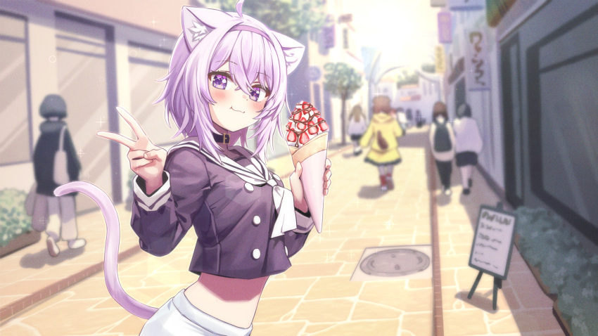 6+girls :3 ahoge animal_ear_fluff animal_ears black_choker blush brown_hair buttons cat_ears cat_girl cat_tail choker closed_mouth crepe deadnooodles dog_ears dog_tail double-breasted food fruit hairband highres holding holding_food hololive hood hoodie inugami_korone jacket long_sleeves looking_at_viewer manhole_cover menu midriff multiple_girls navel neckerchief nekomata_okayu purple_eyes purple_hair purple_hairband road sailor_collar school_uniform shoes short_hair skirt smile sneakers solo_focus strawberry street sunlight tail v virtual_youtuber walking_away white_neckerchief white_sailor_collar white_skirt yellow_jacket