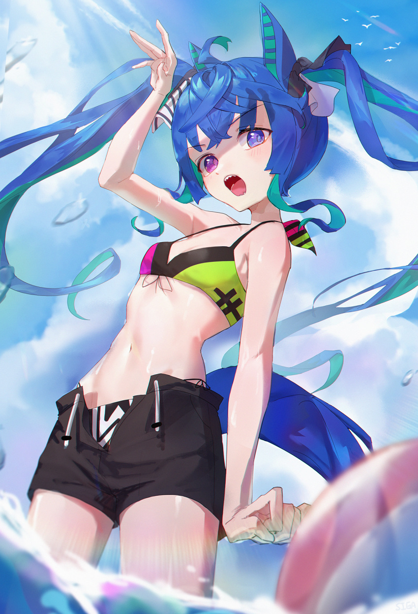 1girl ahoge animal_ears aqua_hair arm_up bangs bikini bikini_shorts bird blue_eyes blue_hair blue_sky blurry blurry_foreground breasts cloud cloudy_sky commentary depth_of_field drawstring hair_ribbon haksiga halterneck heterochromia highres horse_ears horse_girl horse_tail long_hair looking_at_viewer multicolored_bikini multicolored_clothes navel open_fly open_mouth outdoors purple_eyes ribbon seagull shading_eyes sharp_teeth shorts sky small_breasts solo standing sunlight swimsuit tail teeth twin_turbo_(umamusume) twintails umamusume very_long_hair wading water water_drop wet white_ribbon