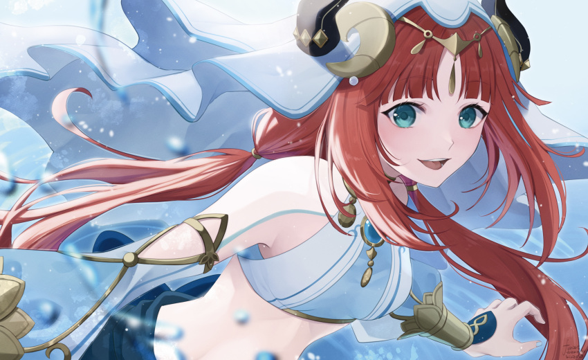 1girl absurdres bangs breasts eyebrows_hidden_by_hair fake_horns genshin_impact green_eyes hat highres horns jewelry kinaco_4738 long_hair looking_at_viewer nilou_(genshin_impact) open_mouth red_hair smile solo veil water