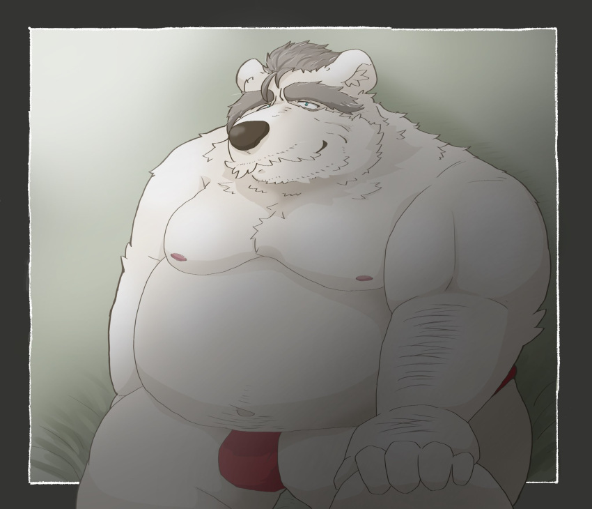 2022 anthro asian_clothing belly big_belly black_nose bulge clothing east_asian_clothing fundoshi hi_res japanese_clothing kemono male mammal moobs navel nipples overweight overweight_male red_clothing red_fundoshi red_underwear solo underwear ursid white_body yanununununu