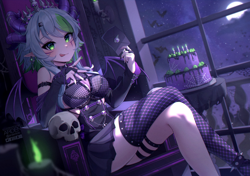 1girl :q ardenlolo artist_name bangs black_dress blush breasts bridal_gauntlets bsapricot_(vtuber) cake cleavage closed_mouth crossed_legs demon_horns demon_wings dress feet_out_of_frame food green_eyes green_hair grey_hair holding holding_letter horns indoors layer_cake letter long_hair long_sleeves looking_at_viewer medium_breasts moon multicolored_hair multiple_horns night single_thighhigh sitting sleeves_past_wrists solo thighhighs throne tiara tongue tongue_out two-tone_hair virtual_youtuber vshojo wings