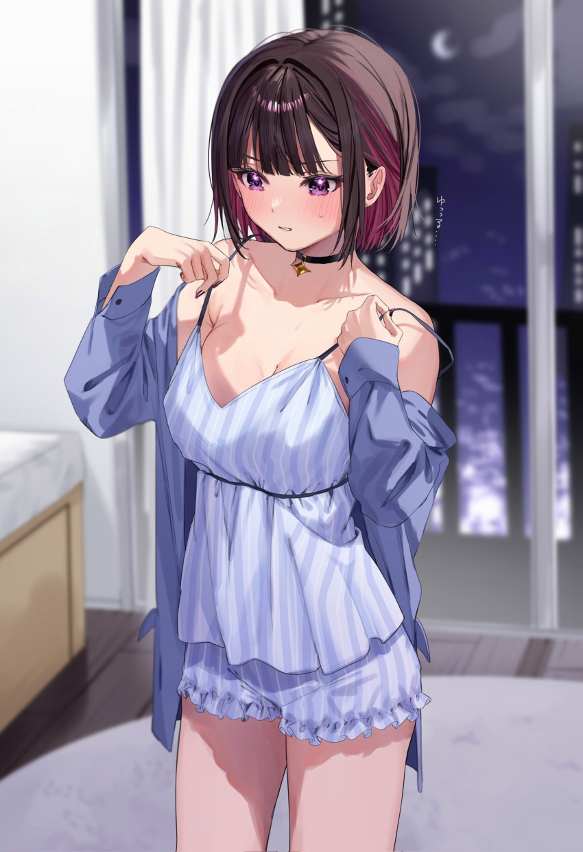 1girl black_choker black_hair blue_nightgown blurry blurry_background blush breasts check_commentary chigusa_minori choker cleavage collarbone commentary_request crescent_moon highres indoors large_breasts long_sleeves moon multicolored_hair night nightgown off_shoulder original parted_lips purple_eyes purple_hair shirayuki_ren solo thighs
