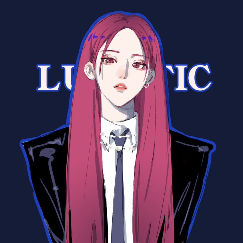 1girl bangs black_jacket blue_necktie chinese_commentary collared_shirt earrings eyeshadow hair_behind_ear head_tilt highres jacket jewelry k-pop long_hair looking_at_viewer makeup mamamoo moonbyul_(mamamoo) necktie parted_bangs parted_lips pink_eyeshadow pink_hair qiao_nan_1028_hao real_life red_eyes shirt solo song_name upper_body very_long_hair white_shirt